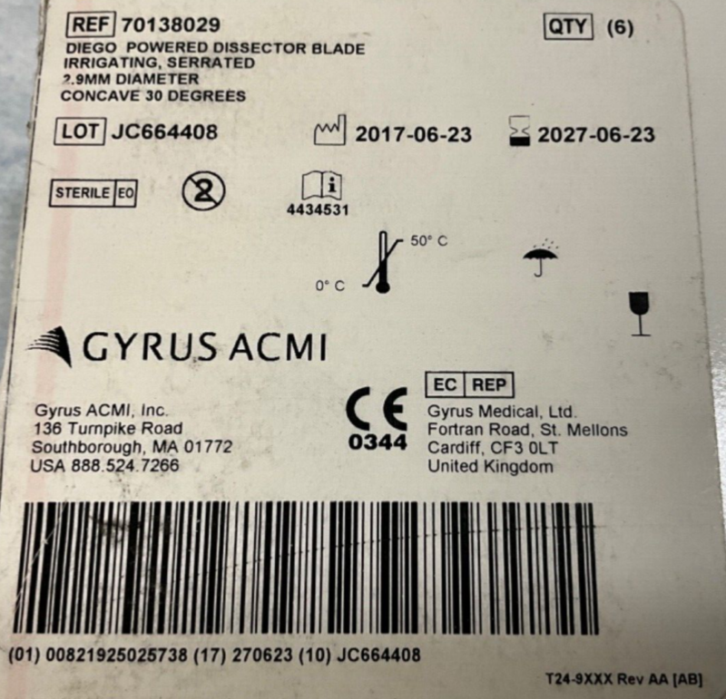 Gyrus ACMI 70138029 Powered Dissector Blade 2.9 MM Diameter 2027 (1 Piece)