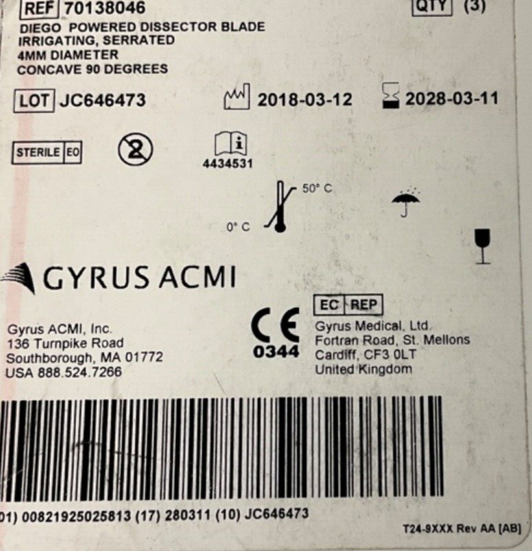 Gyrus ACMI 70138046 Powered Dissector Blade Irrigating 4MM Diameter 2028