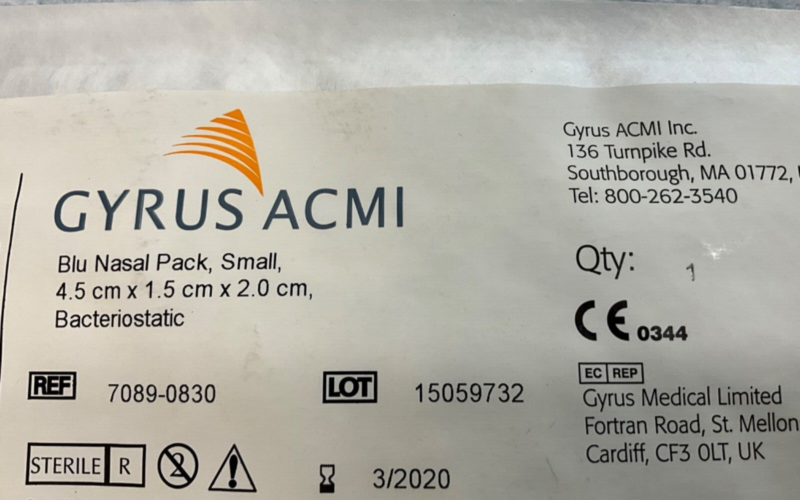 Gyrus ACMI 7089-0830 Blu Nasal Pack Small Bacteriostatic