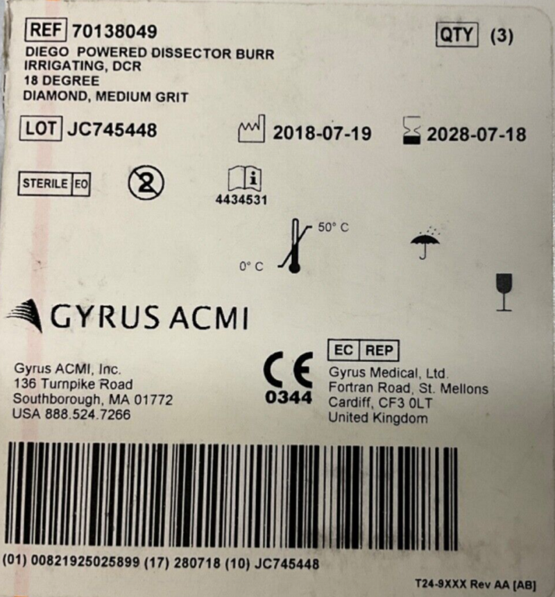 Gyrus ACMI 70138049 Powered Dissector Burr Irrigating Medium Grit 2028 (1 Piece)
