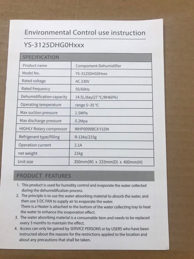Hydroponics / Bitcoin Mining Dehumidifier 30 Pint, 230V, 500W, 5-35°C, 14.5L - Image 2